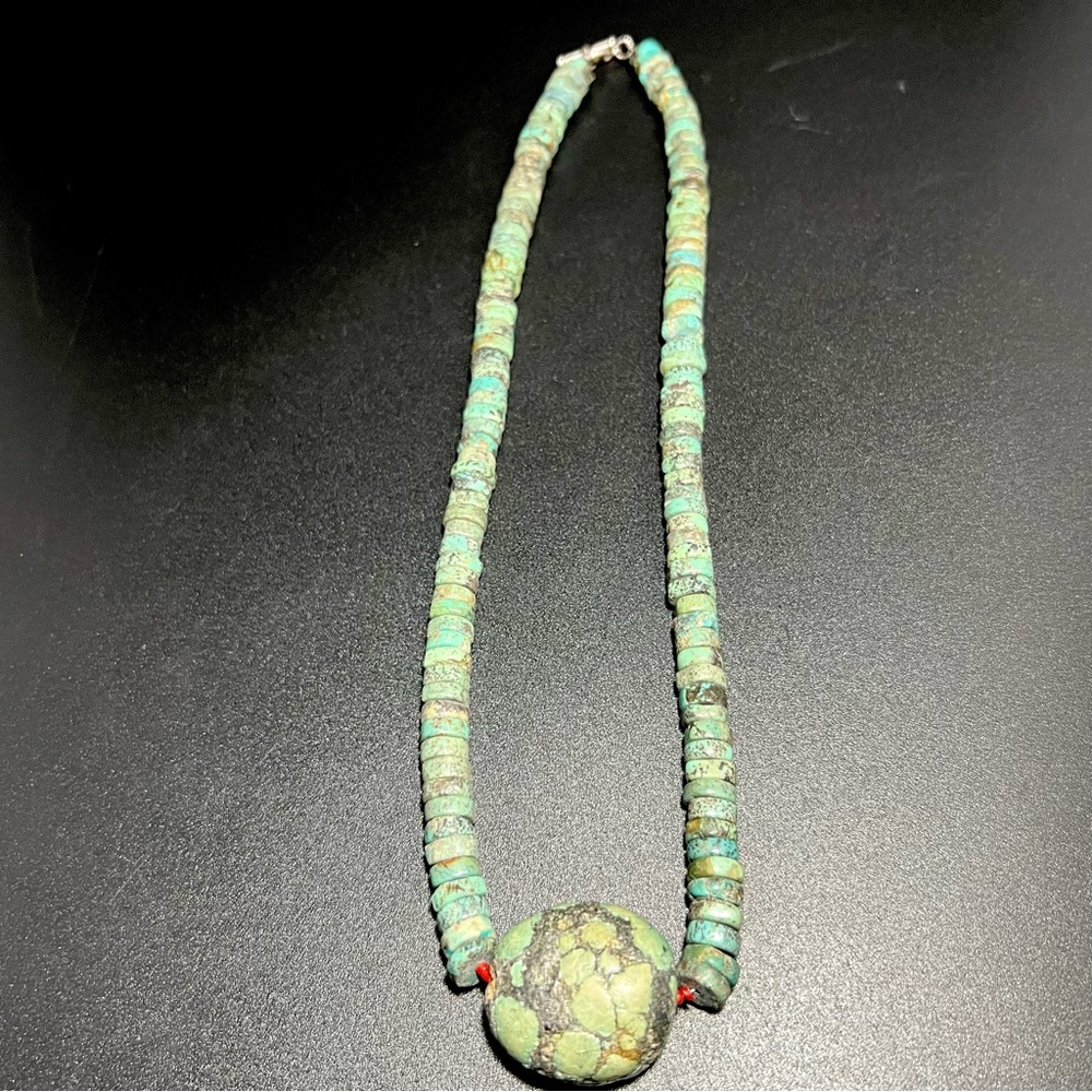 Vintage Huge Green Turquoise Native American Heishi Bead Necklace Rough Cut Oval
